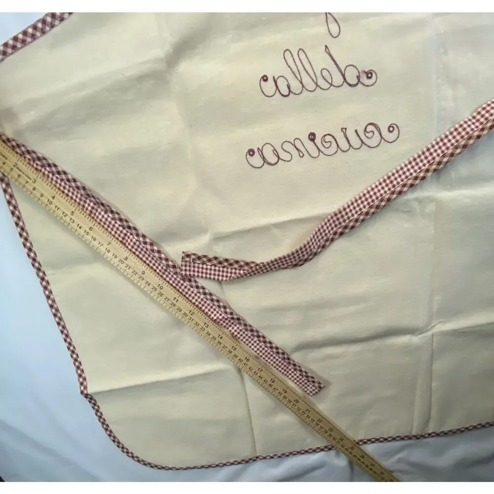 Nonna Embroidered Bib Apron Beige/Maroon Gingham Trim Pocket Cotton One Size